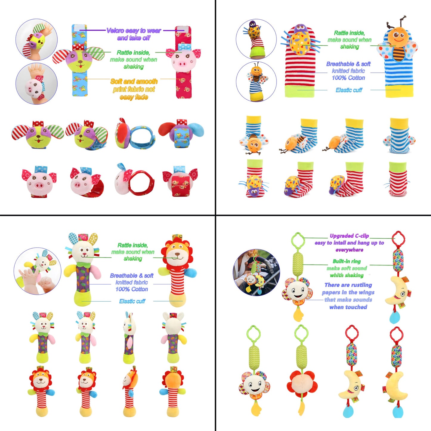 Bloobloomax Wrist and Foot Rattles - Hanging and Hand Bracelet Rattles, Ankle Socks for Newborns and Infants (12pcs)