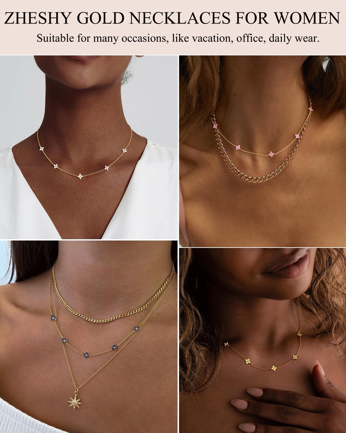 ZHESHY Birthstone Gold Necklace for Women Dainty Non Tarnish 14K Gold Plated Clover Necklaces Sapphire Blue CZ Station Choker Necklace Birthday Gifts Womens Gold Jewelry