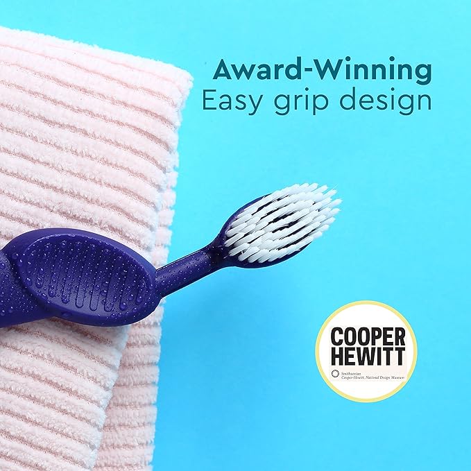 RADIUS Flex Brush with Soft Bristles Toothbrush BPA Free & ADA Accepted Designed to Improve Gum Health & Reduce Issues - Left Hand - Purple/Watermelon/White - Pack of 3