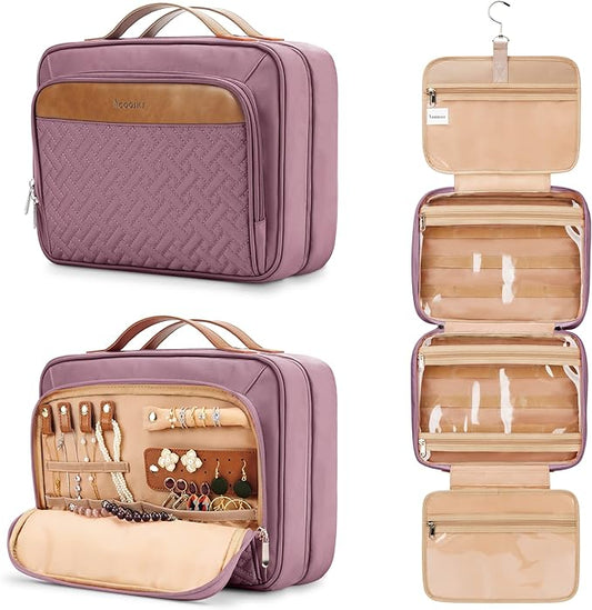 Travel Hanging Toiletry Bag for Women, Extra Large Makeup Bag, Holds Full-Size Shampoo, with Jewelry Organizer Compartment, Waterproof Cosmetic Bag, Toiletries Kit Set with Trolley Belt, Dark Purple