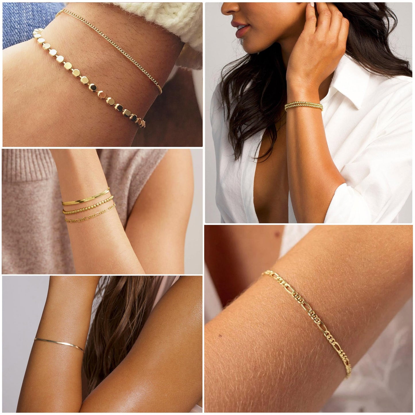 DEARMAY Dainty 14K Gold Plated Chain Bracelets for Womens Trendy Waterproof Gold Jewelry Set Fashion Stackable Beaded Figaro Herringbone Link Bracelet Pack Stack Gifts