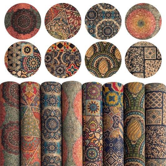 8 Pack Colorful Cork Fabric Sheets - 8.3"x11.8" (20x30cm) Soft Natural Texture Real Cork Faux Leather for DIY Crafts, Keychains, Jewelry & Wallet Making (Ethnic)