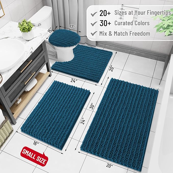 Arotive Luxury Chenille Bathroom Rug Mat, Extra Soft Thick Absorbent Shaggy Bath Rugs, Non-Slip Machine Wash Dry, Plush Bath Mats for Bathroom, Shower and Tub, 30x20, Peacock Blue
