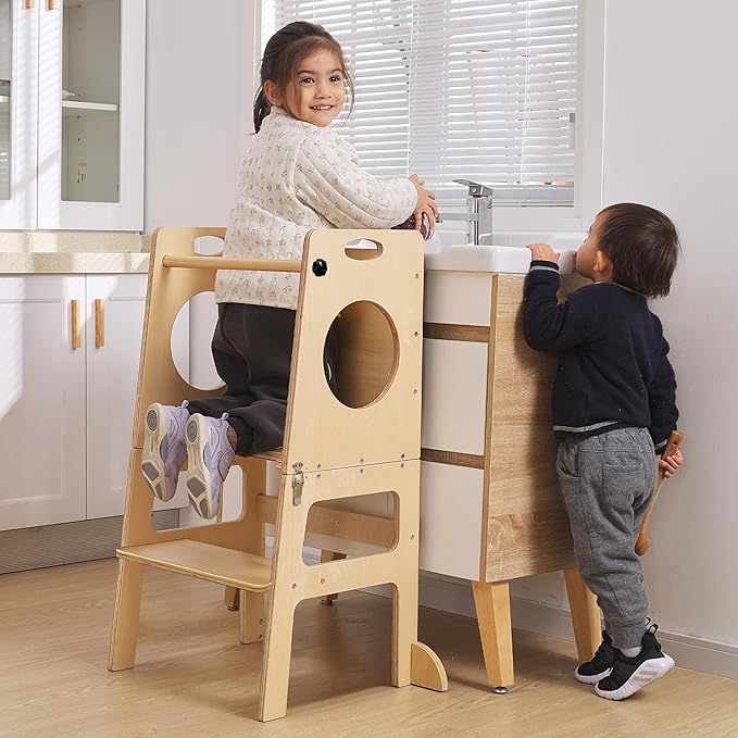 Toddler Tower Step Stool for Kids Kitchen Stool Helper Toddler Standing Tower Foldable Children Table Kids Table and Chair Set Montessori Helper Tower Natural