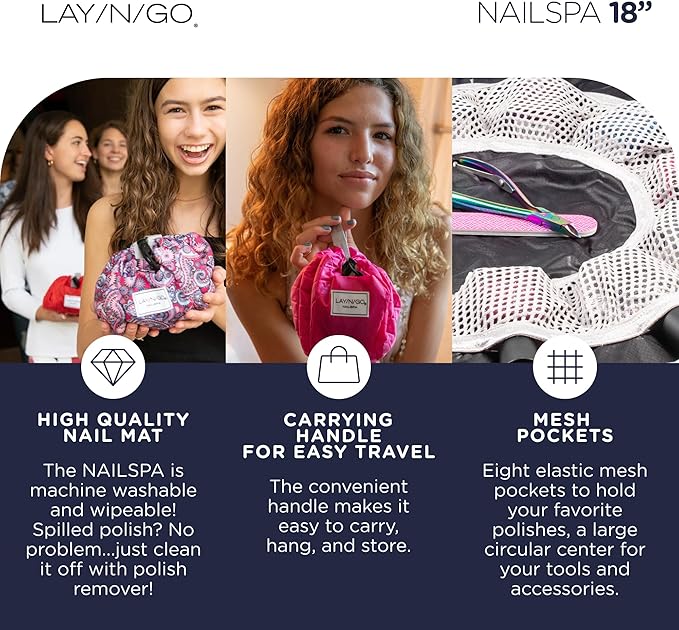 Lay-n-Go NailSpa Drawstring Cosmetic Bag - Portable Nail Supplies Organizer Bag w/ 8 Elastic Mesh Pockets & Circular Center - Durable, Machine Washable Nail Kit Organizer (18", Pink Paisley)