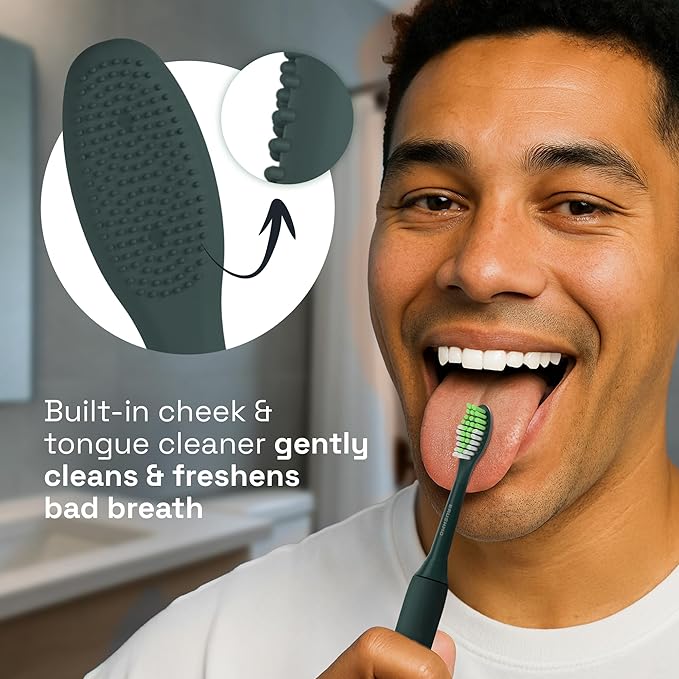 Brushmo Replacement Toothbrush Heads, Compatible with Philips One for Sonicare Electric Toothbrush Handles HY1022, 4 Standard Heads with Tongue Cleaner, Soft Dupont Bristles, BM124m, Sage Green