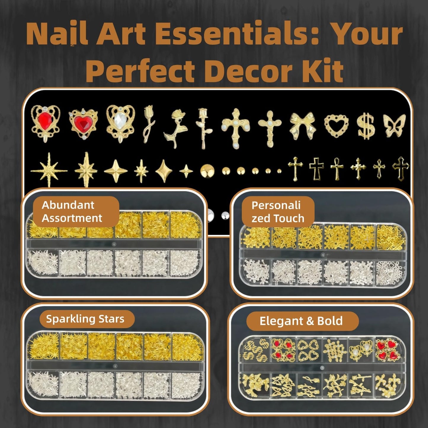 KINGNAME Gold Nail Charms and Gems Set, 4 Boxes Nail Gems Nail Pearls Nail Art Tools, 3D Cross Nail Charms Heart Nail Rhinestones for Nails Supplies, Charms for Nails Design Nail Art Kit