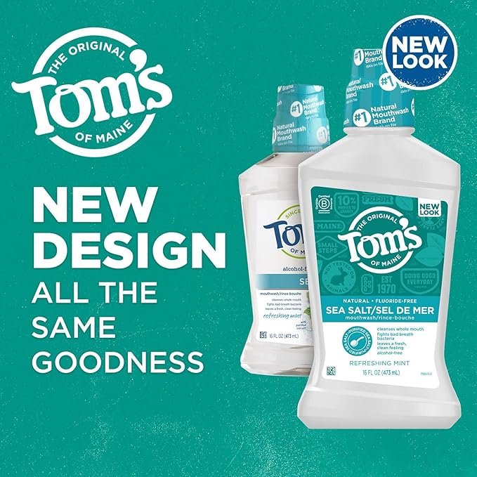 Tom's of Maine Sea Salt Natural Alcohol-Free Mouthwash, Refreshing Mint, 16 Fl Oz (Pack of 3)