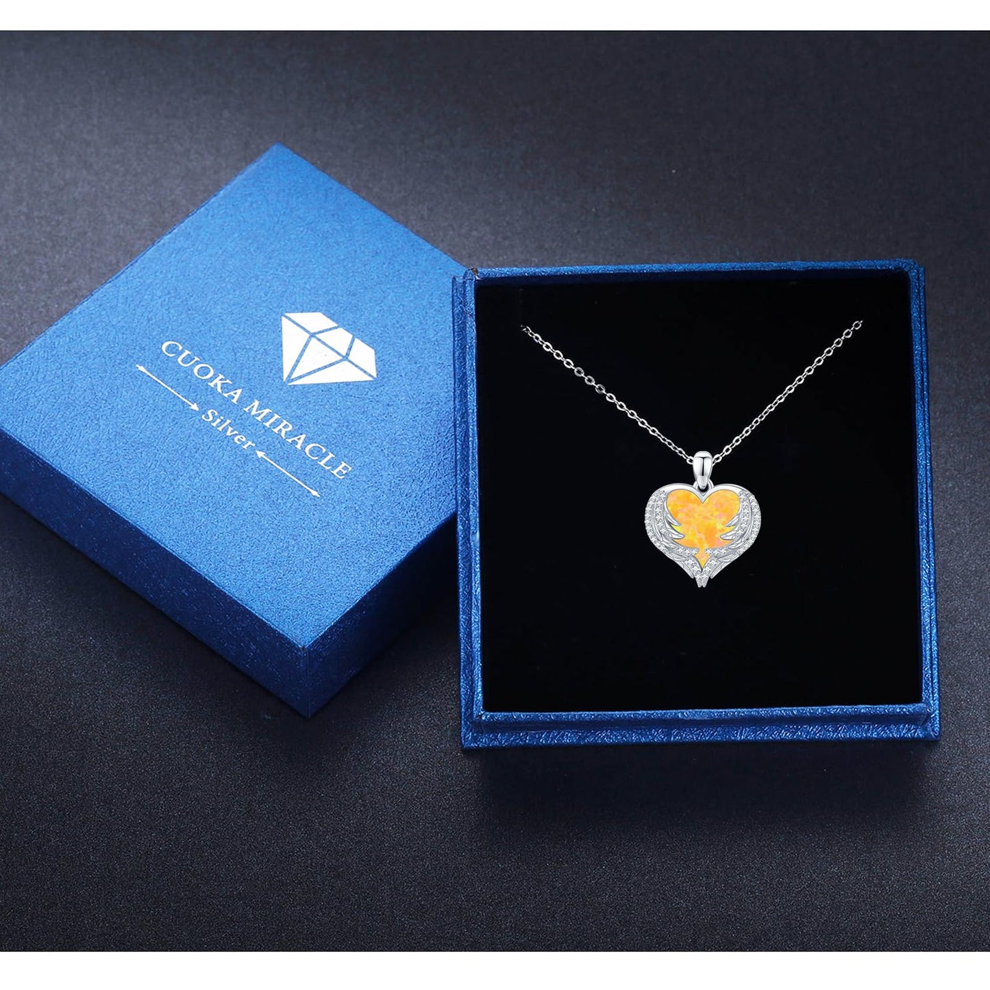 CUOKA MIRACLE Heart Necklace Angel Wing Heart Opal Necklace 925 Sterling Silver Women Necklace Guardian Angel Wings Pendant Necklace Dainty Opal Jewelry Birthday Gifts for Mom Women (Yellow Opal Wings)