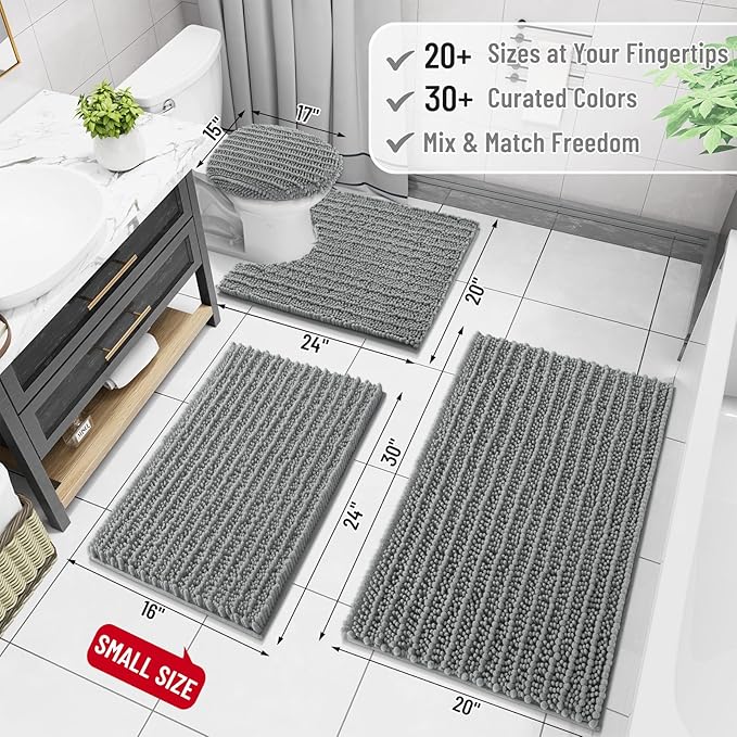 Arotive Luxury Chenille Bathroom Rug Mat, Extra Soft Thick Absorbent Shaggy Bath Rugs, Non-Slip Machine Wash Dry, Plush Bath Mats for Bathroom, Shower and Tub, 60x24, Grey