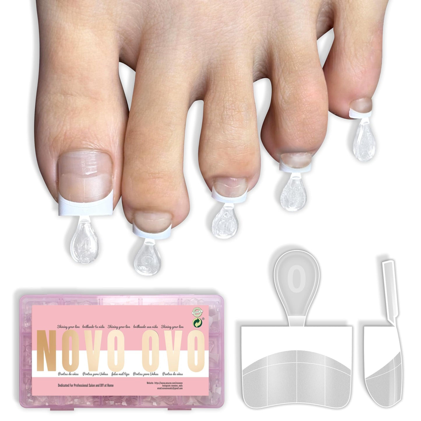 NOVO OVO White French Tip Half Cover Toe Nail Tips, Clear Soft Gel with Auxiliary Line for Fake False Toenail Extension, Sharp Square Medium Wide for Men Women Acrylic pedicure x15 Sizes 240 Pcs