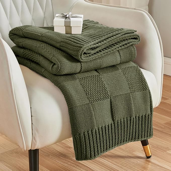 CozeCube Check Knit Throw Blanket, Olive Green Checkered Throw for Couch, Decorative Christmas Soft Cozy Warm Knitted Blanket for Bed Sofa Living Room, 50"X60"