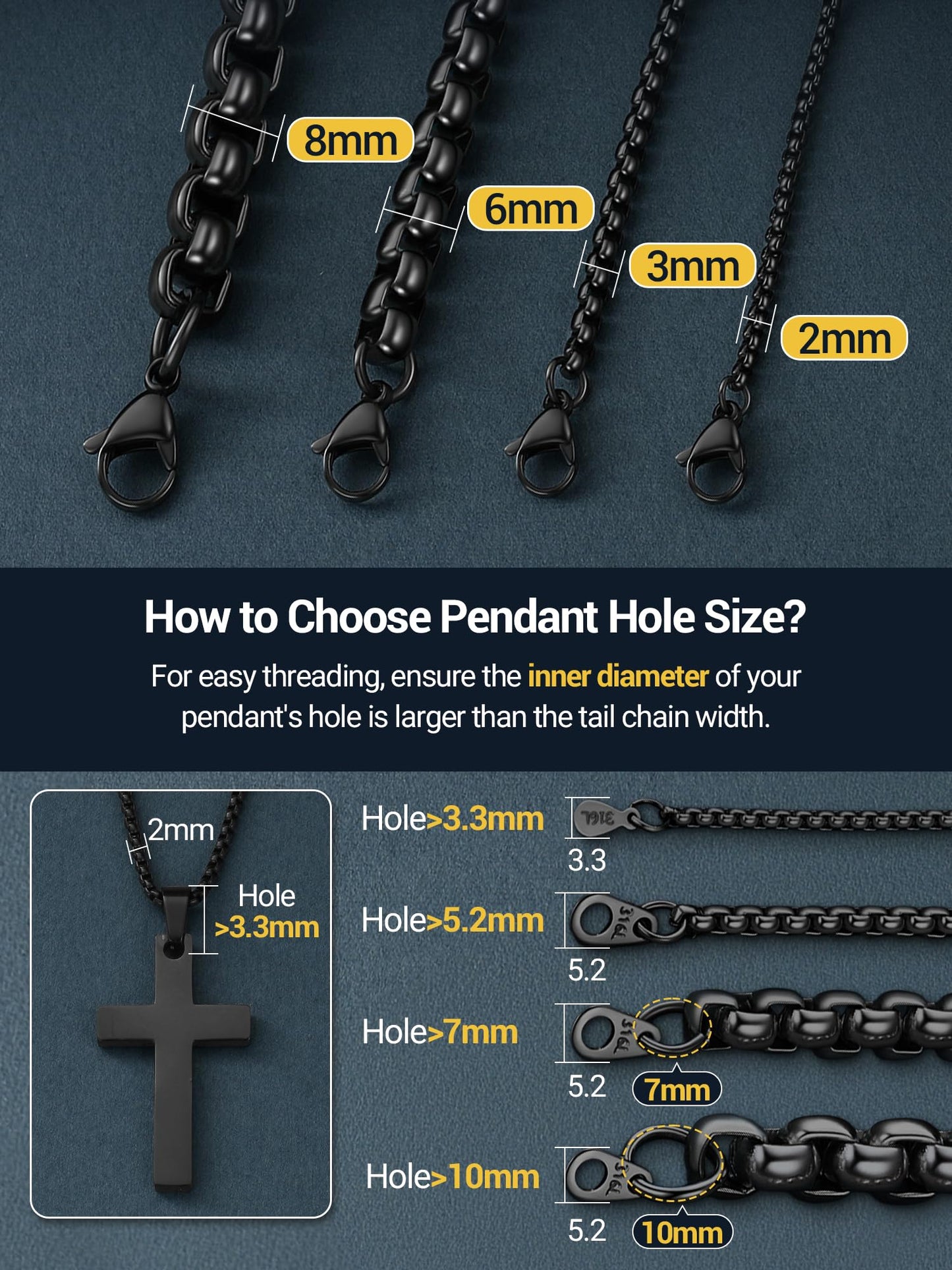 PROSTEEL Squre Rolo Link Chains, Black Stainless Steel Chain Necklace Waterproof & Non Tarnish 3mm Link Chains for Men and Women Jewelry with Gift Box 20in