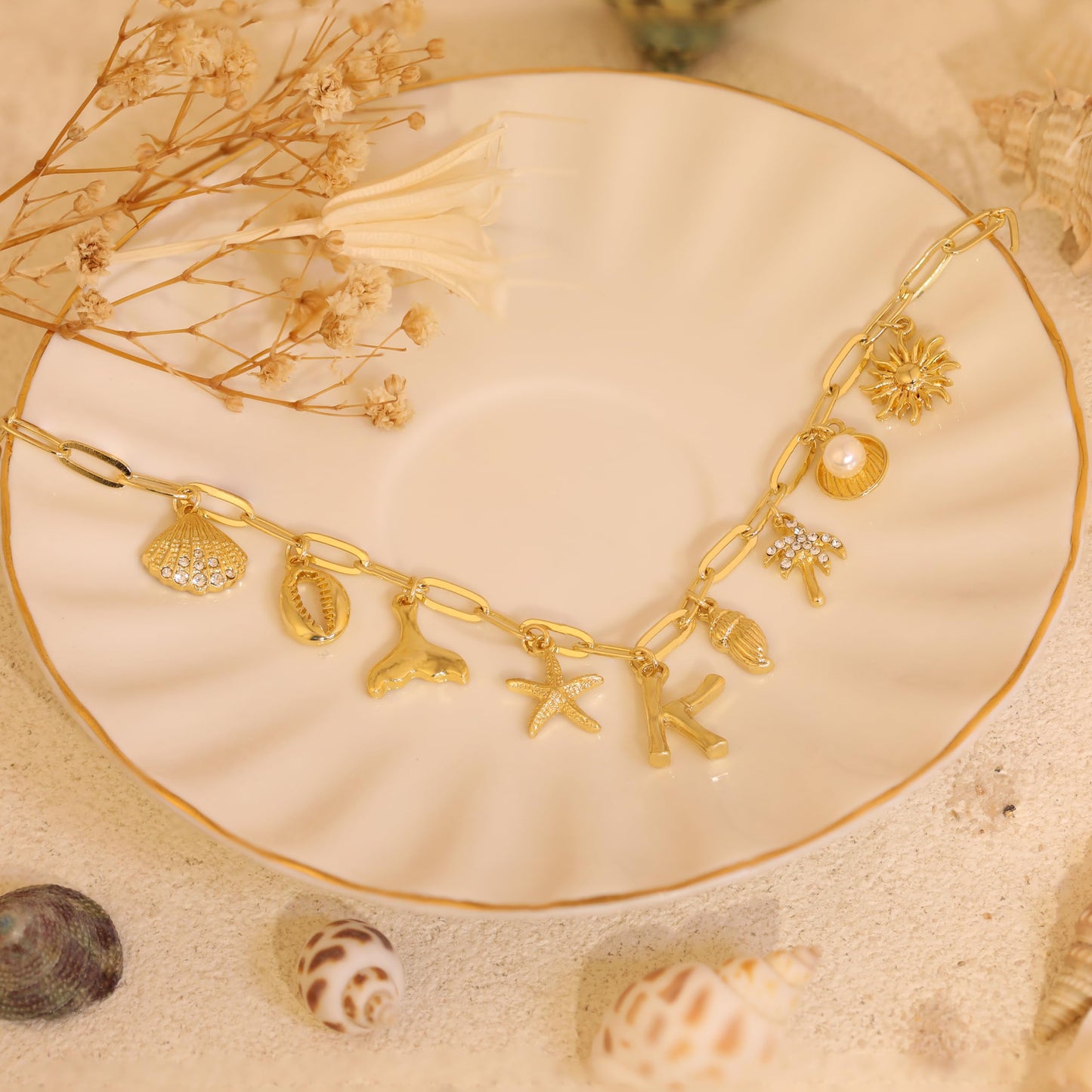 JALZEMPL Initial Charm Necklaces For Women Shell Letter Paperclip Chain Seashell Starfish Beach Summer Pendant Boho Surfer 14K Gold Plated Jewelry Gift (V)