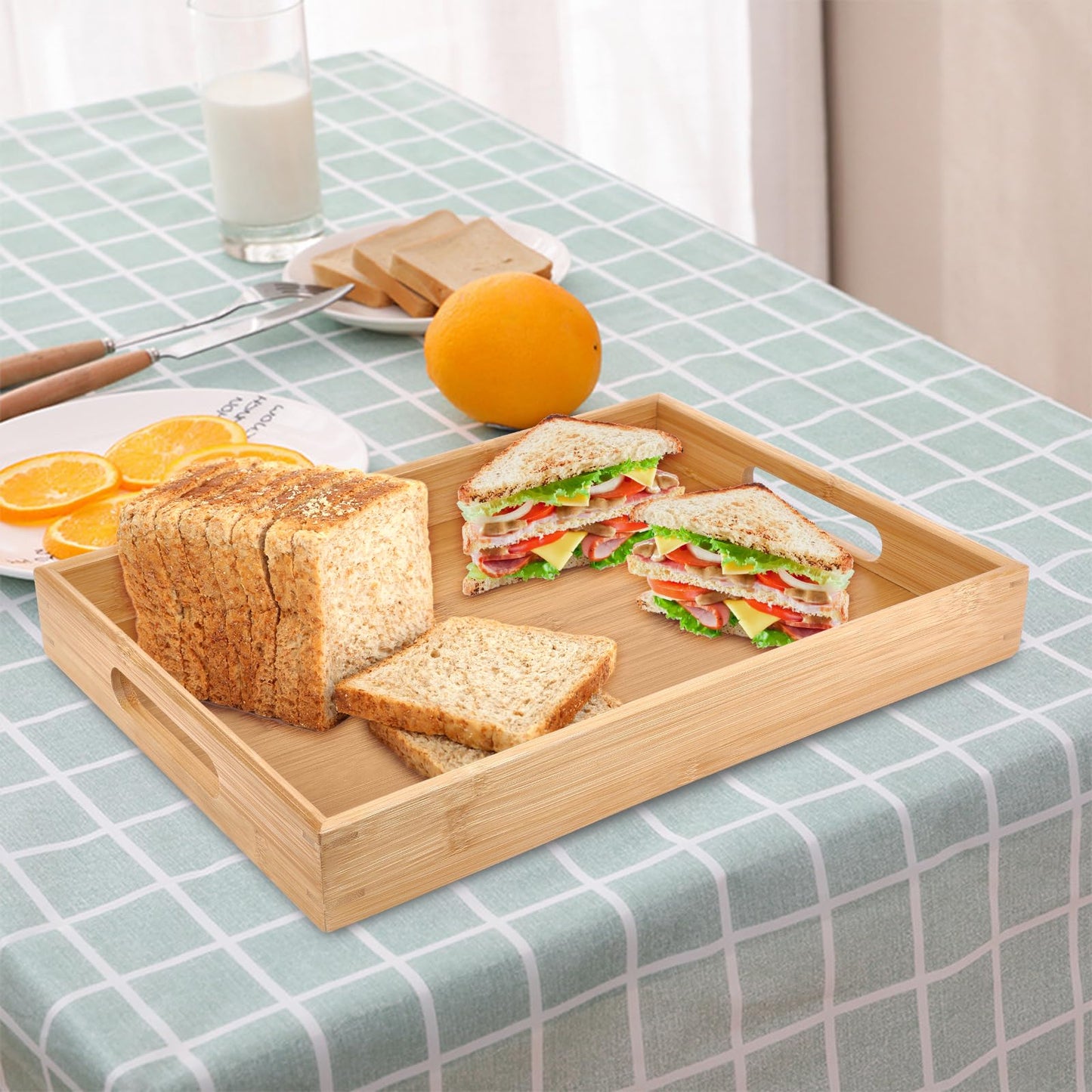 Sgigiul Bamboo Dinner Food Trays for Eating On Couch Party Platters for Serving Food Decorative Tray for Kitchen Counter Rectangle(16.5" Lx11.6''W and 15.5''Lx10.6''W)