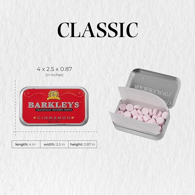 Barkleys Cinnamon Breath Mints -Strong Cool Flavor Candy, Dry Mouth,- Breath Freshener, After Dinner Mints In Reusable Classic Travel Tins, Vegan, 1 Pack - 50 Count Each