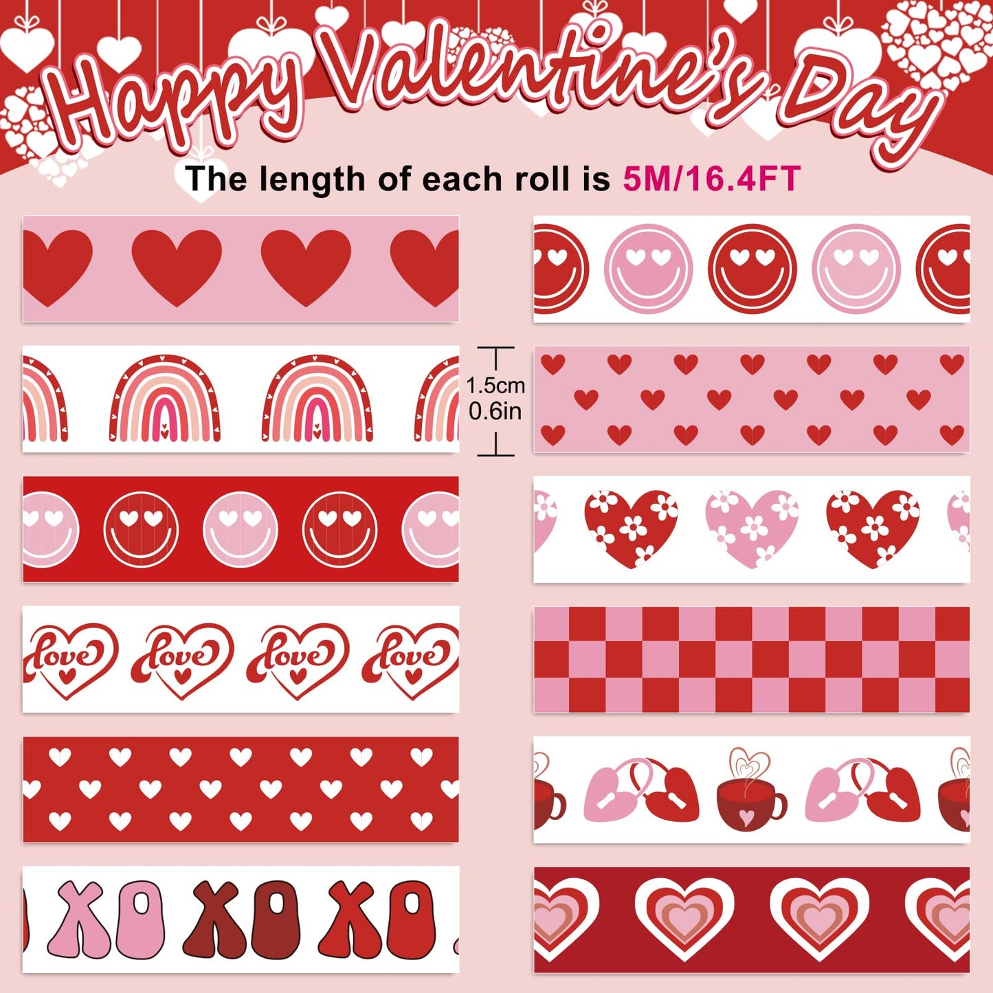 Whaline 12 Rolls Boho Valentine’s Day Washi Tape Rainbow Love Heart Smile Washi Tape Red Pink Masking Decorative Gift Wrapping Paper Tape for DIY Craft Scrapbook Journal Party Supplies