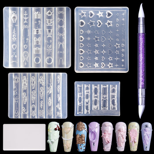 Laza 4pcs Silicone Nail Art Molds, 3D Virgin Mary, Mirror Frame, Heart, Bowknot Exquisite Silicone Y2K Nail Accessories with Carving Pen Resin Nail Art Mold Manicure Tools for DIY Salon Nail Design