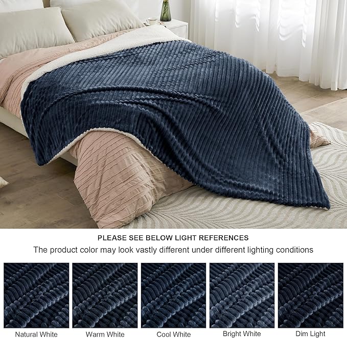 INFIIXSO Sherpa Fleece King Size Blanket - Super Soft & Warm Striped Fleece, Cozy Plush Fluffy Large Bed Blanket All Season Use (Navy Blue, 104x90 Inches)