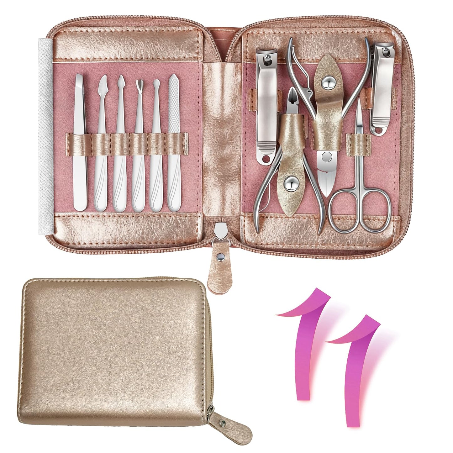 Manicure Set 11 in 1 Stainless Steel Nail Clippers for Men，Manicure Kit for Women，Nail Grooming Kit，Nail Clipper Set，Personal Care Tools（Champagne Colour）