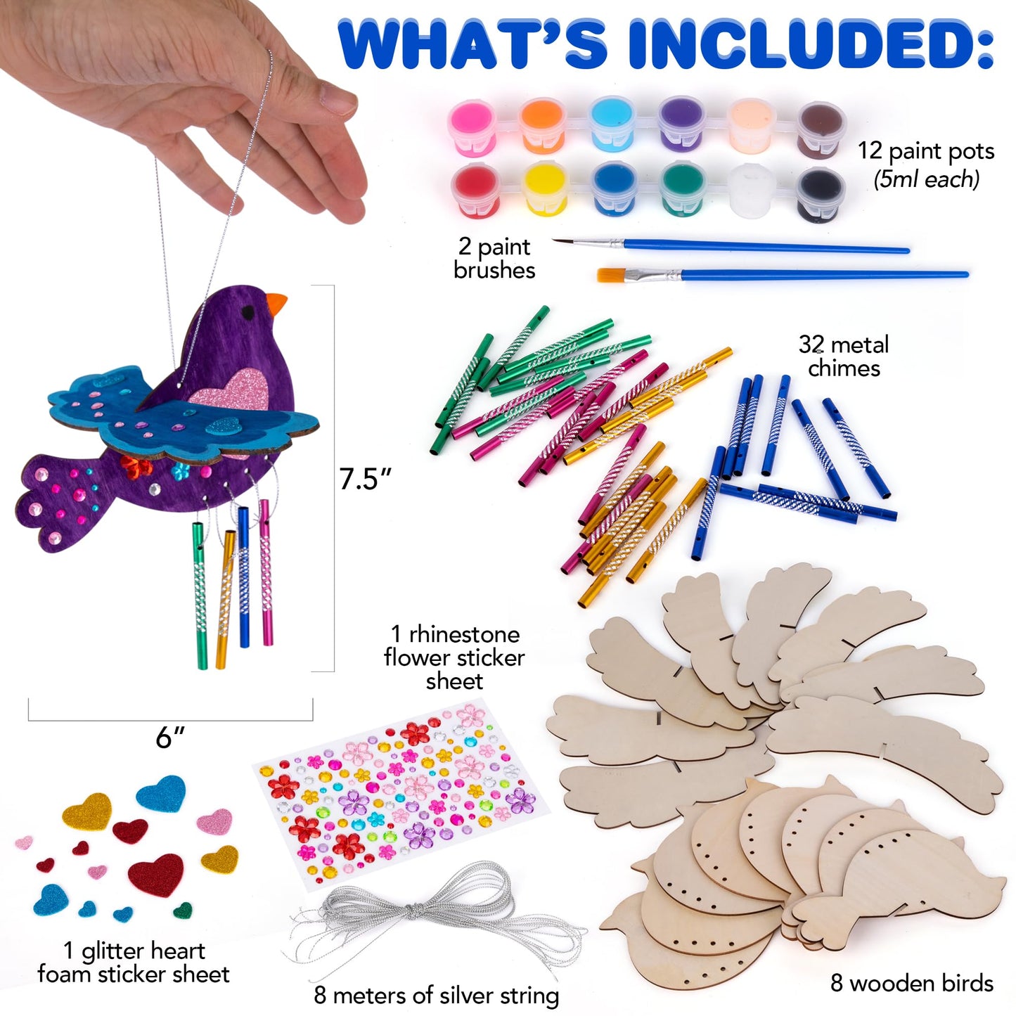 ArtCreativity DIY Wind Chime Kit for Kids - 8 Pack - Wooden Wind Chime Set with Paint Kit, Rhinestone Flower Stickers, Glitter Heart Foam Stickers, and More - Summer Arts and Crafts for Kids 3 and Up