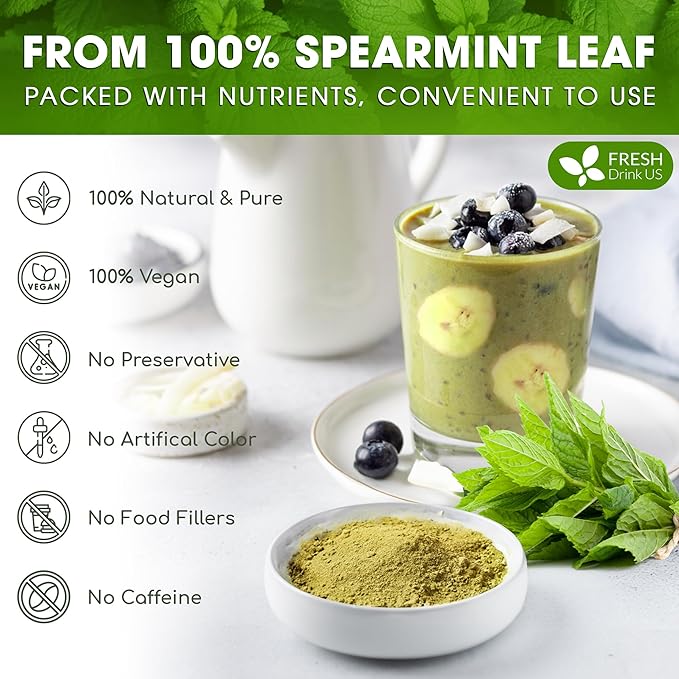 FreshDrinkUS, Premium Spearmint Leaf Powder 8oz – Pure Natural Mint Powder for Tea, Smoothies, Cooking, and Baking – Resealable Pouch
