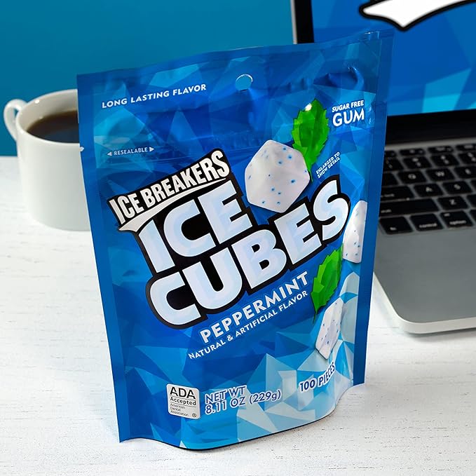 ICE BREAKERS Ice Cubes Peppermint Sugar Free Chewing Gum Pouch, 8.11 Oz (100 Pieces) (Pack of 2)
