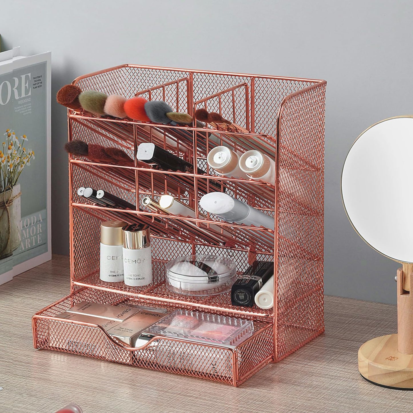 Spacrea Pen Holder Desk Organizer - Desk Organizers and Accessories, Pencil Holder with 10 Compartments and 1 Drawer（Rose Gold）
