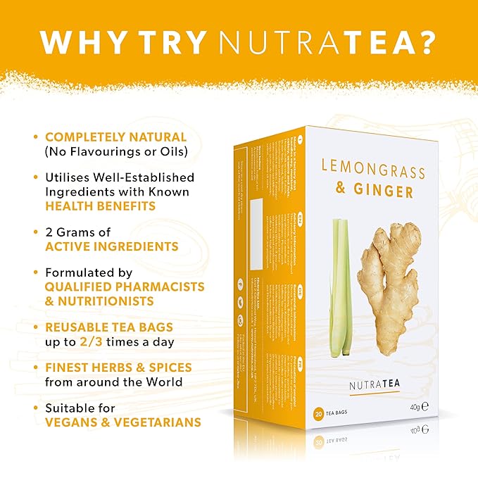 Nutra Tea - Lemongrass & Ginger Tea - 20 Tea Bags - Herbal Tea