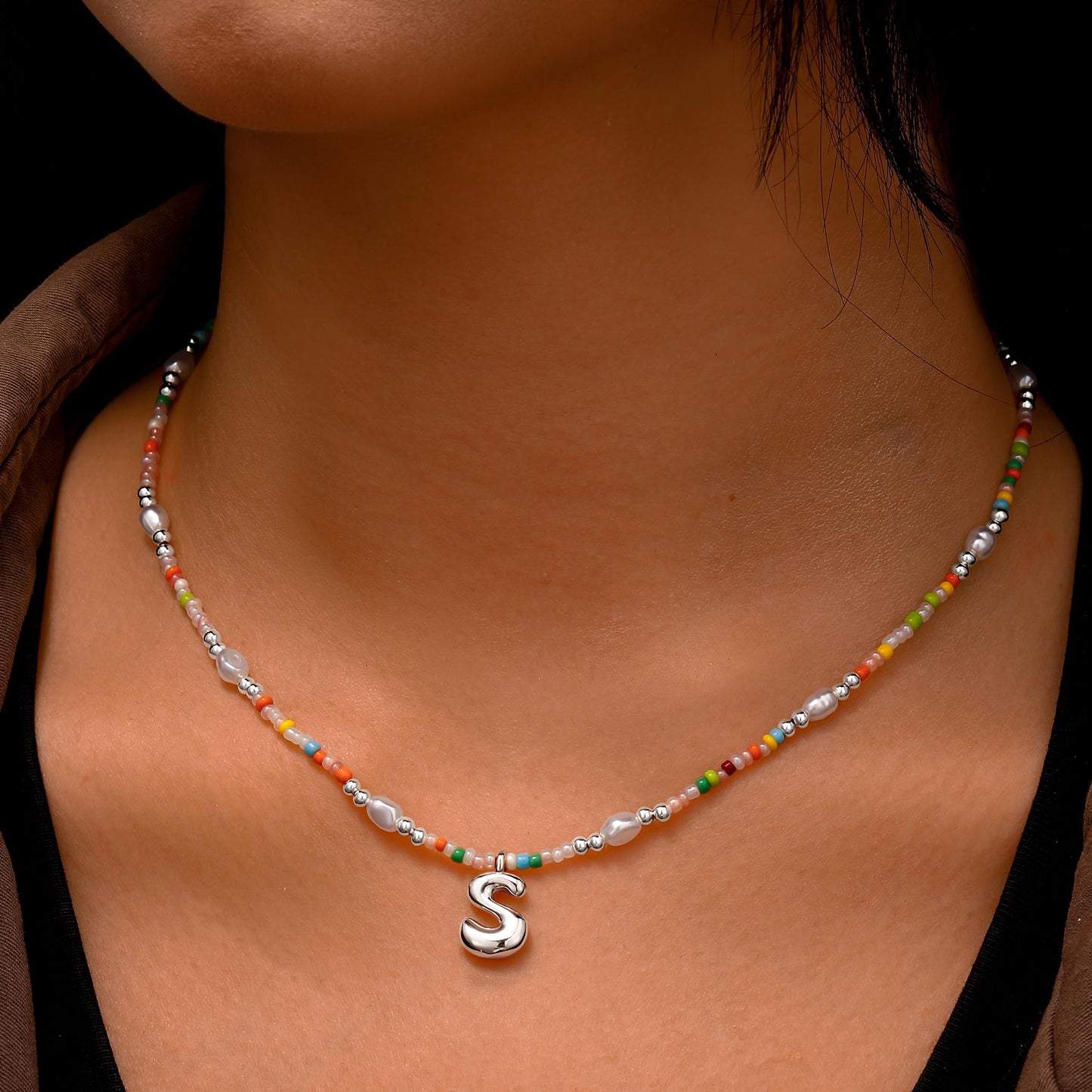 Ritach Silver Initial Necklace A - Women Girls' Birthday Gifts, Beaded Necklace with Silver Pendant