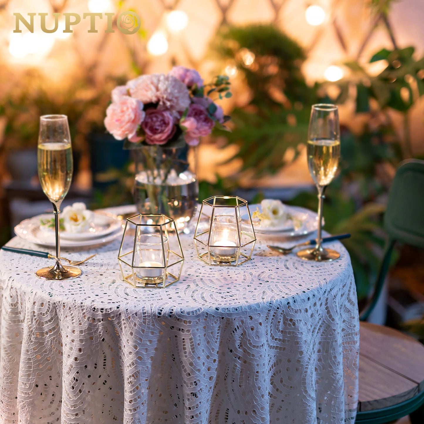 Nuptio Geometric Tealight Candle Holder Gold - Candle Holders for Pillar Candles Set of 2 Tea Light Candle Holders Set Metal Candle Stand Table Centerpiece for Wedding Party Cafe Bar Home Decor