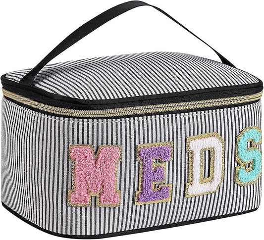 uekeboag Personalized Chenille Letter Seersucker MEDS Makeup Bag,Large Size Medicine RX Cosmetic Bag with Top Handle, First Aid Travel Organizer Bag for Women Girls(04Black)