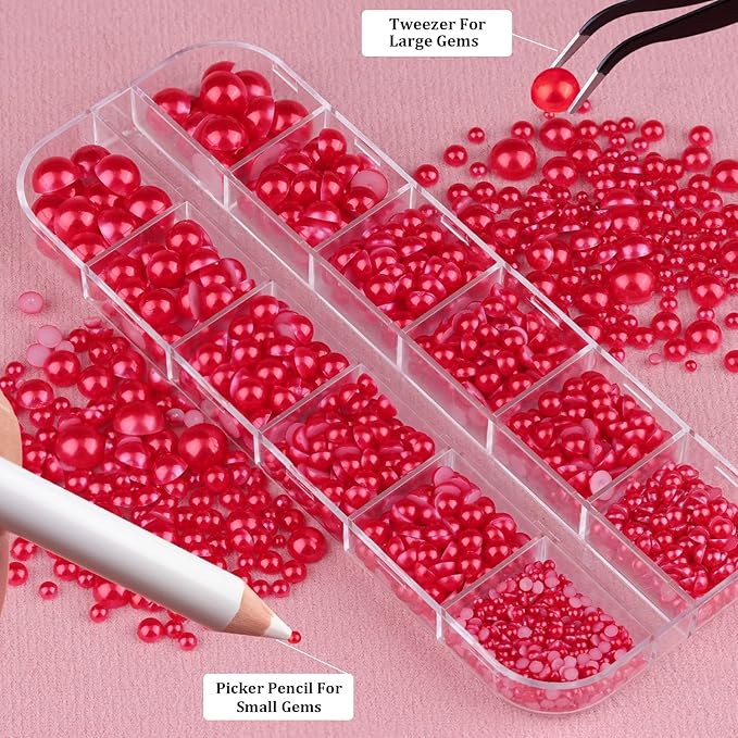 Belleboost Flat Back Pearls Kits 3 Boxes of Flatback Red Half Round Pearls with Pickup Pencil and Tweezer for Home DIY and Professional Nail Art, Face Makeup and Craft