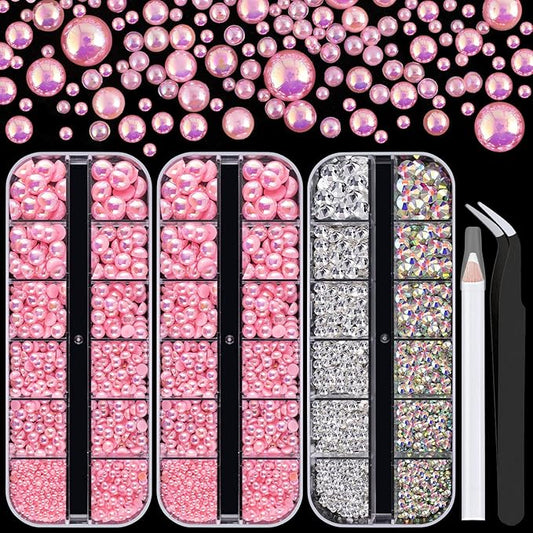 4000PCS Flatback Rhinestones and Half Round Pearls Kit #8, Multi Size Glass Clear & AB Crystals, Plastic Flat Back Light Pink AB Dome Bead with Pickup Pencil and Tweezer for Nail Art