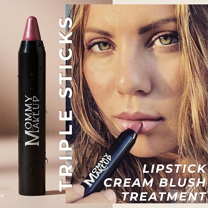 Mommy Makeup Triple Sticks Lipstick, Cream Blush & Teatment All-In-One with Shea & Cocoa Butter - Soft & Creamy Moisturizing Lip Crayon For Lips & Cheeks (Toasted Berry)