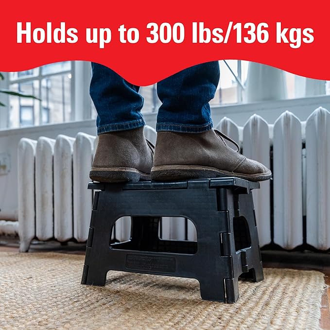 Kikkerland Rhino Foldable Step Stool – Holds Adults up to 300 Lbs, Best for Kitchen & Bathroom – Collapsible, Portable, Lightweight Stepping Stool with Sturdy, Non-Slip Design – Black, 8”