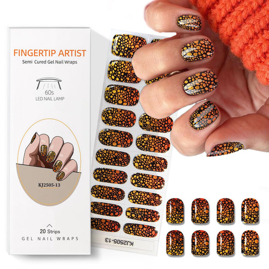 Semi Cured Gel Nail Strips with Gold and Black Designs Fall Gel nail stickers Sparkly Glossy Nail strips Salon Quality & Easy to Use 20 Pcs for Women