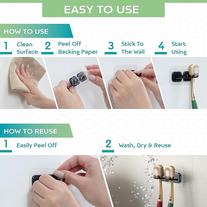 Hook LAB Self-Adhesive Double Toothbrush Holder, 2-Pack, Removable & Reusable Wall-Mounted Storage Organizer, for Bathroom & Kitchen Accessories - White