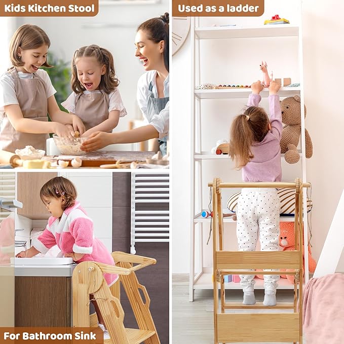 FUNLIO Foldable Kitchen Step Stool, Montessori Step Stool for Kids 2-6 Years, 3-Level Height Adjustable Standing Tower, CPC & CE, Easy to Assemble, Natural