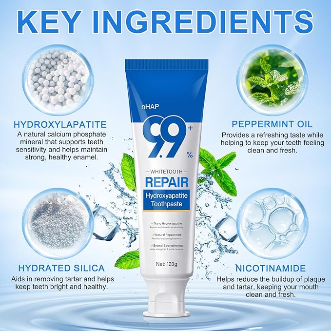 Hydroxyapatite Toothpaste 9.9%, Nano Hydroxyapatite Toothpaste (Fluoride Free) for Enamel Protection and Tooth Strengthening –Gentle Mint, Fresh Breath, Daily Use for Oral Care
