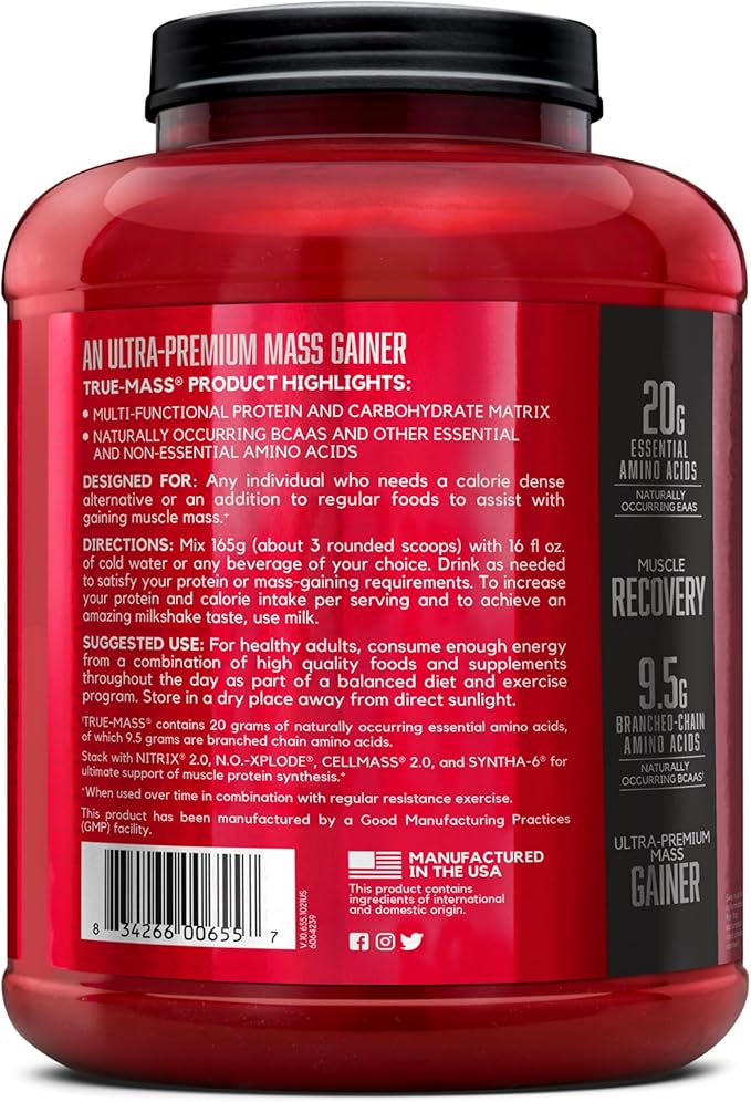 BSN TRUE-MASS Weight Gainer, Muscle Mass Gainer Protein Powder, Chocolate Milkshake, 5.82 Pound