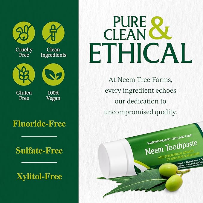 Neem Fluoride Free Toothpaste - Adult and Children Friendly - 100% Vegan Natural Toothpaste, Gluten Free, No Artificial Ingredients - Supports Daily Gum Care - with Clove & Stevia (2 Pack)