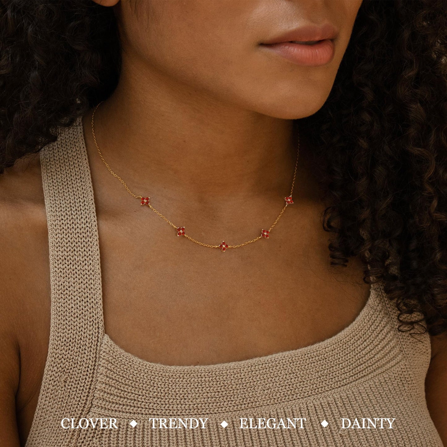 ZHESHY Birthstone Gold Necklace for Women Dainty Non Tarnish 14K Gold Plated Clover Necklaces Red CZ Station Choker Necklace Birthday Gifts Womens Gold Jewelry