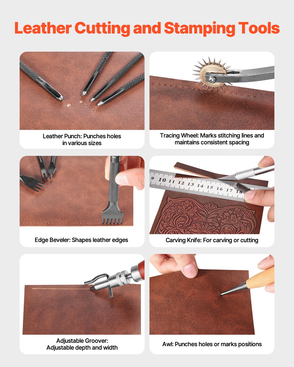 VEVOR Leather Working Tools Kit, 38 PCS Leather Craft Tools with Portable Canvas Storage Bag, Engraving Punching Sewing Stamping Cutting Tools, Ideal for Beginners DIY Enthusiasts and Professionals