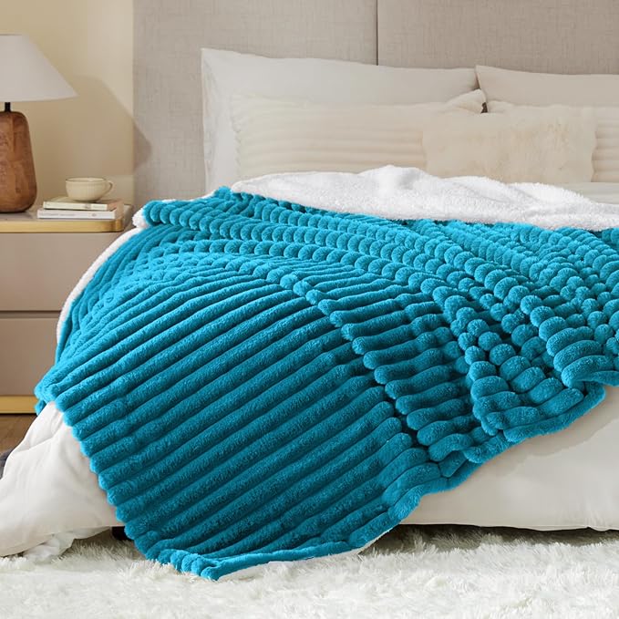 INFIIXSO Sherpa Fleece King Size Blanket - Super Soft & Warm Striped Fleece, Cozy Plush Fluffy Large Bed Blanket All Season Use (Teal, 104x90 Inches)