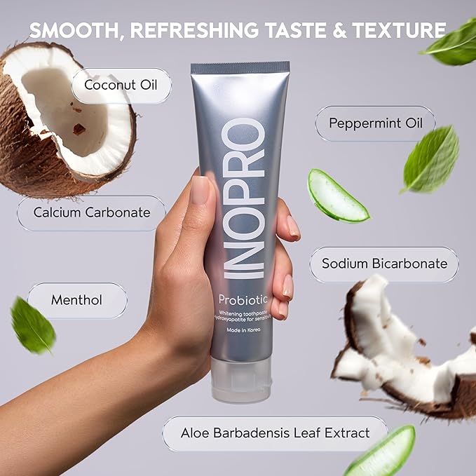 InoPro Natural Whitening Hydroxyapatite Toothpaste with Probiotic for Sensitive Teeth, Fluoride Free Enamel Repair Remineralizing Toothpaste, SLS Free, Baking Soda, Coconut Oil, 5oz