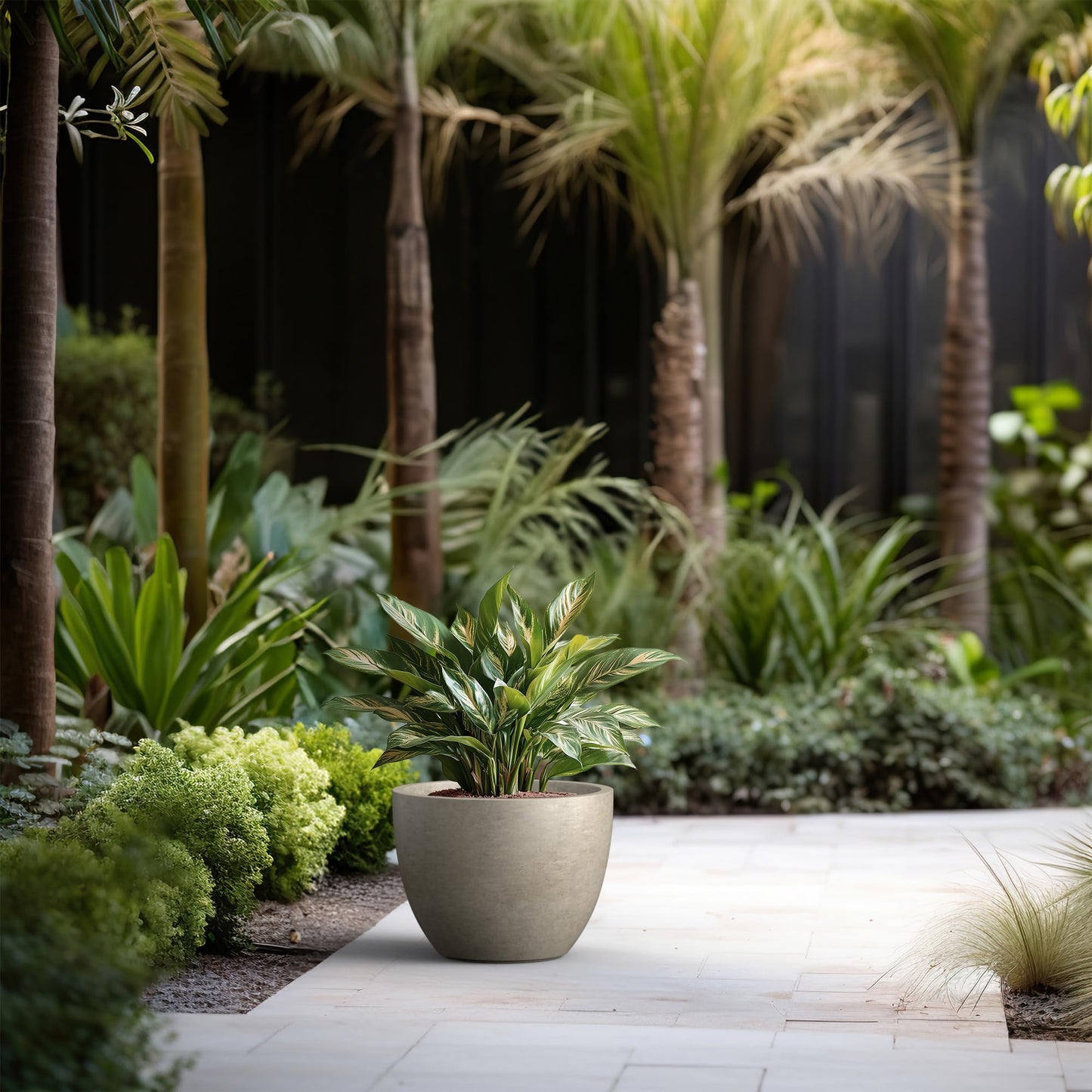 Kante 14.2 Inch Round Concrete Planter - Classic Large Indoor/Outdoor Plant Pot with Drainage Hole and Rubber Plug, Suitable for Gardens and Patios, Weathered Concrete