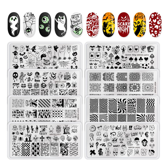 8PCS Halloween Nail Stamping Plates, Pumpkin Skull Bat Poker Image Stainless Steel Stencil, DIY Nail Art Template Tools