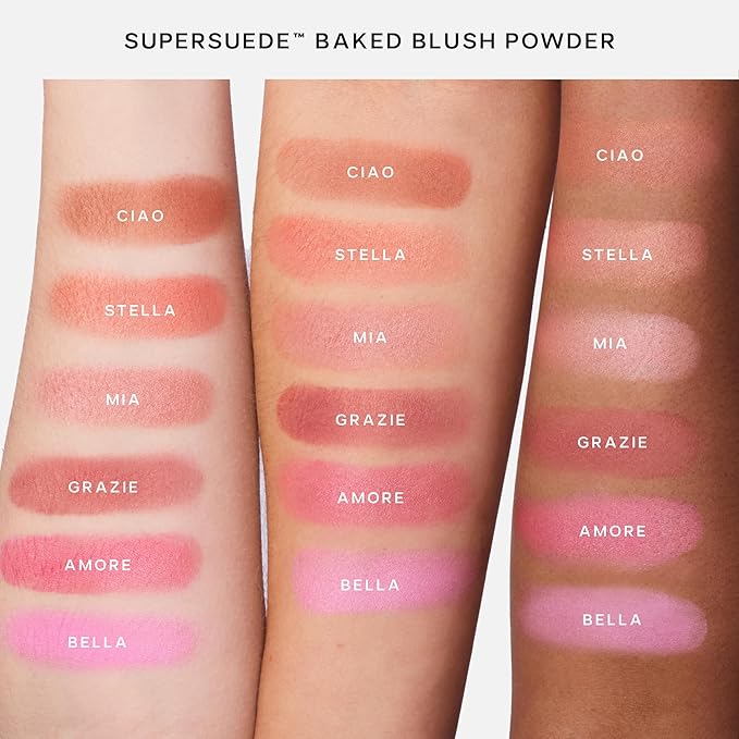 Saie SuperSuede Baked Blush - Talc-Free Powder Blush for Cheeks Infused with Hyaluronic Acid, Glycerin + Squalane - Hydrating Face Makeup for a Natural, Diffused Flush of Color - Bella (0.1 Ounce)