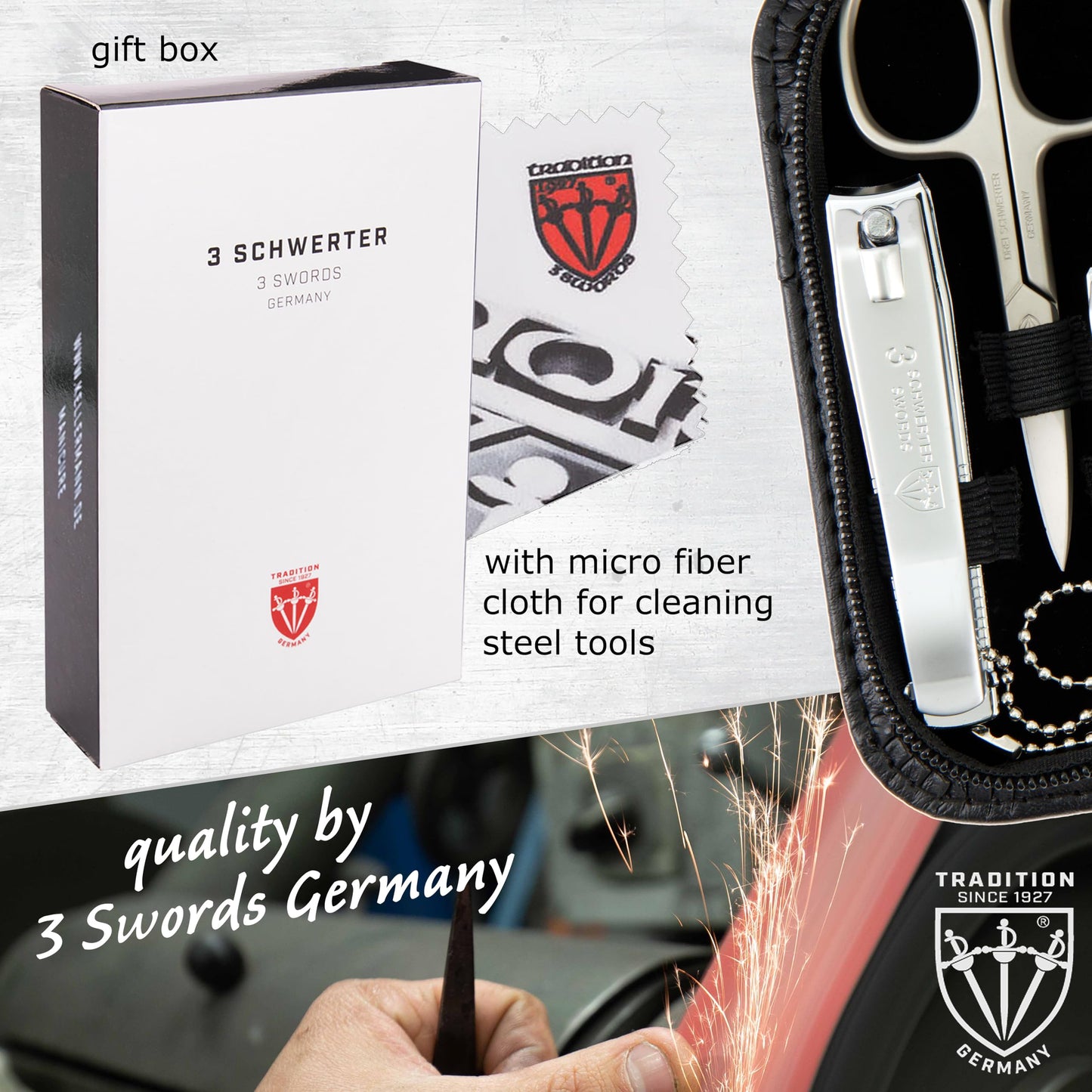 3 Swords Germany – brand quality 8 piece manicure pedicure grooming kit set for professional nail care with synthetic leather case ostrich black - Made in Germany